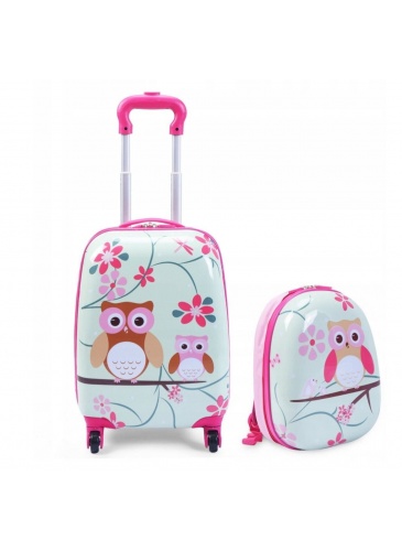 Vaikų mažasis lagaminas + Kuprinė OWL PINK