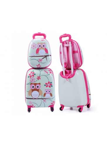 Vaikų mažasis lagaminas + Kuprinė OWL PINK